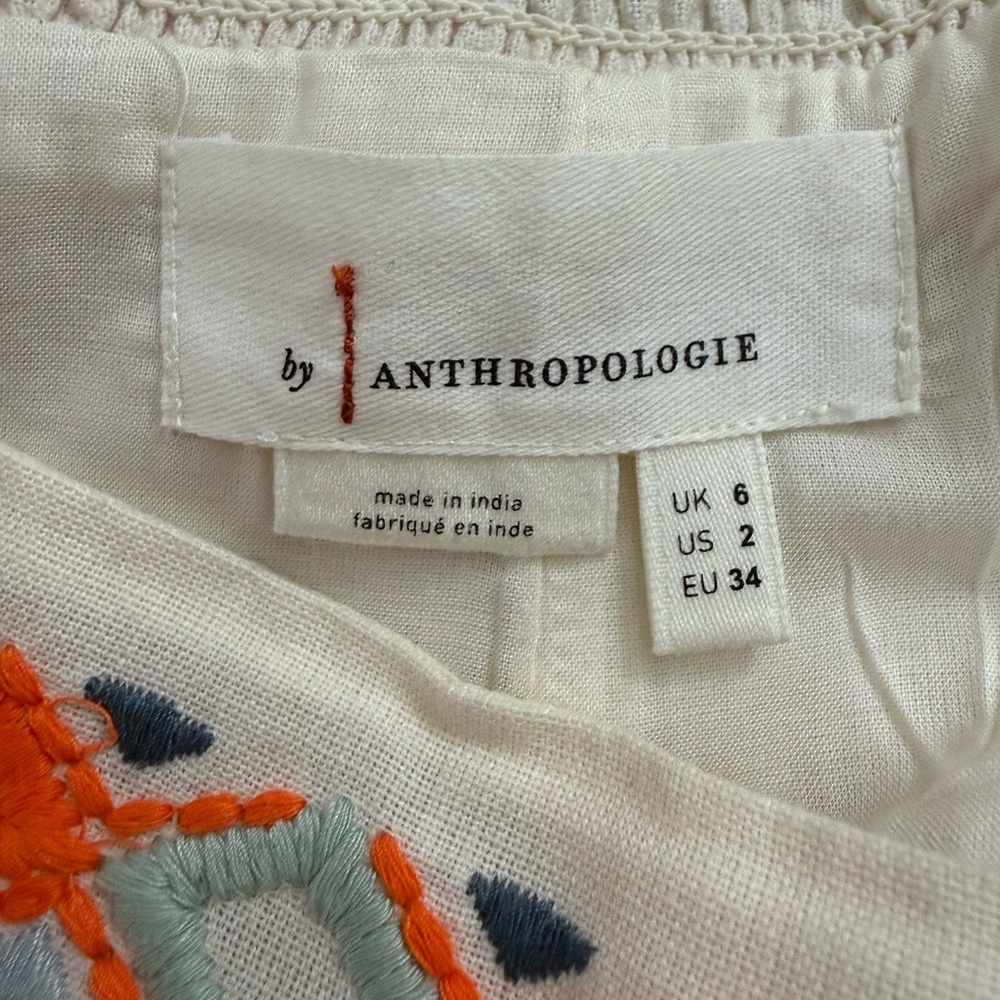 Anthropologie Embroidered Wide Leg Pants Boho Linen White Orange Size 2 - Picture 7 of 9